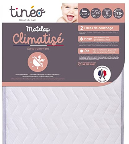 TINÉO – Klimaaktive matratze 70x140x10 cm – Babymatratze – klimatisiert – 1 Sommerseite – 1 Winterseite – unbehandelt – Dichte 20 kg/m3 – Made in France, Weiß