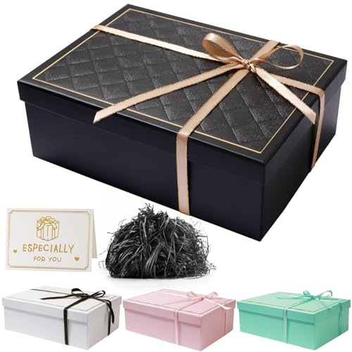 Geschenkbox mit Deckel 25 x 18 x 9 cm, Geschenkbox mit Schleifen, Grußkarten, Raffia Hamper Shreds für Hochzeit Geburtstag Weihnachten, Jahrestag, Ostern(Schwarz)