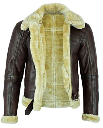 Leatherick Herren Brown Aviator Echtes Ziegenleder Shearling Stil Jahrgang Bomber Fliegerjacke