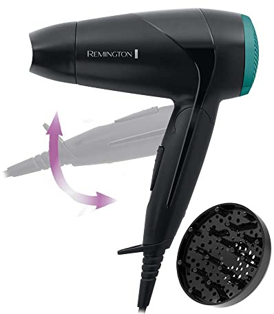 Remington Haartrockner [klein & klappbar & leistungsstark] On The Go (2000 W, weltweite Spannungsanpassung 120/220-240V, Stylingdüse & Diffusor, 2 Kombi-Heiz- & Gebläsestufen) Reisehaartrockner D1500