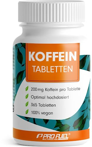Koffeintabletten 365x - 200 mg Koffein pro Tablette - laborgeprüft mit Zertifikat: Koffein-Gehalt und die Reinheit - Vorrat für ein ganzes Jahr - 100% vegan