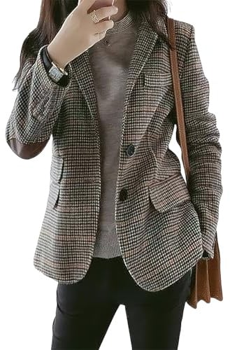 Leyoutx Damenblazer mit gekerbtem Revers, Wolle, kariert, schmale Langarmjacke mit Ellenbogen-Patch