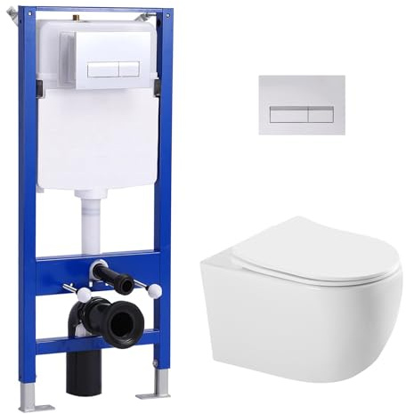 Hänge WC Spülrandlos mit Unterputz Spülkasten, Toilette und Vorwandelement WC Set Komplett, Glänzende Chromfarbe WC Drückerplatte Betätigungsplatte, Wand WC mit Soft-Close Absenkautomatik Deckel