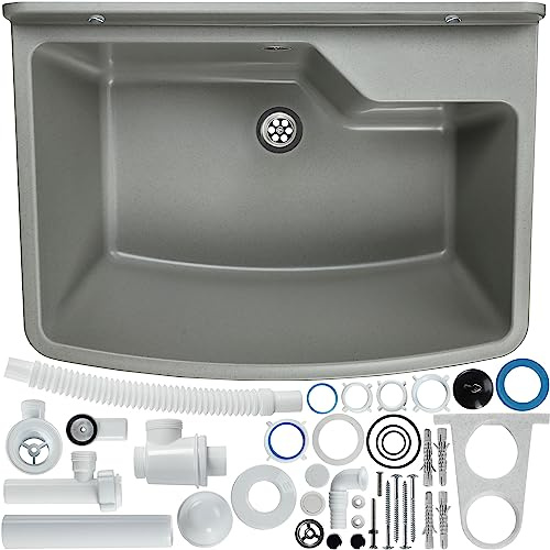 GOSPO Ausgussbecken, 61 cm x 44 cm x 23,5 cm, Waschbecken aus Kunststoff, Waschtrog mit Überlauf, Siphon, Spülbecken inkl. Zubehör, Waschraum, Gartenwaschbecken (Grau)