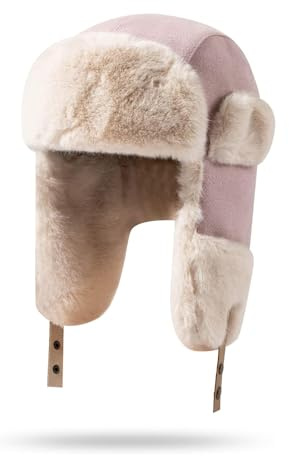 NLAND Winter Fliegermütze mit Ohrklappen Russische Mütze für Herren und Damen Winddichte Kunstfellmütze Zum Skifahren,Rosa Einheitsgröße