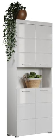 trendteam smart living - Amanda - Hochschrank - Weiß Hochglanz - Badezimmerschrank breit mit 4 höhenverstellbaren Einlegeböden - (BxHxT) 73 x 190 x 31 cm - 8 Fächer und ein großes offenes Fach