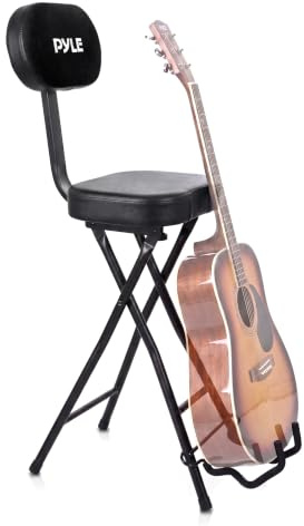 Pyle Gitarrenhocker- mit Rückenlehne und Gitarrenständer, Klappbar | Hocker- Klappbar mit Fußstütze und Rutschfeste Gummifüsse, bis 136kg, Perfekt für Erwachsene, Schlagzeuger und Gitarristen