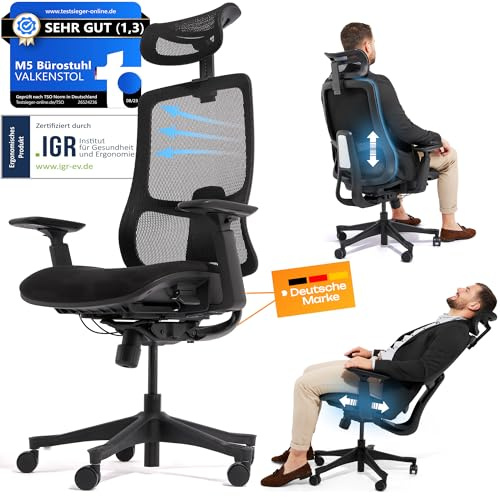 VALKENSTOL M5 Bürostuhl Ergonomisch Testsieger, Einstellbarer für maximale Bewegungsfreiheit, Rückenfreundliche Bürostühle, Lendenwirbelstütze Schreibtischstuhl für Büro und Home Office Chair