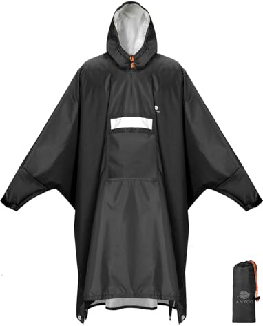ANYOO Wasserdichter Regenponcho Winddichter Regenmantel mit Seitlichem Reißverschluss, Leichter Regenjacke mit Verstellbaren Ärmeln für Outdoor Wandern Radfahren, Einheitsgröße, Schwarz