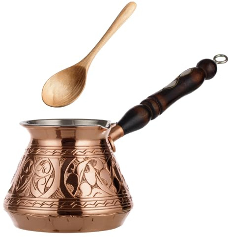 DEMMEX Dickstes Kupfer Türkisch Griechisch Arabischer Kaffeekocher, Herdtopf Kaffeezubereiter, Cezve Ibrik Briki mit Holzgriff & Löffel, (Handgraviert (270ml))