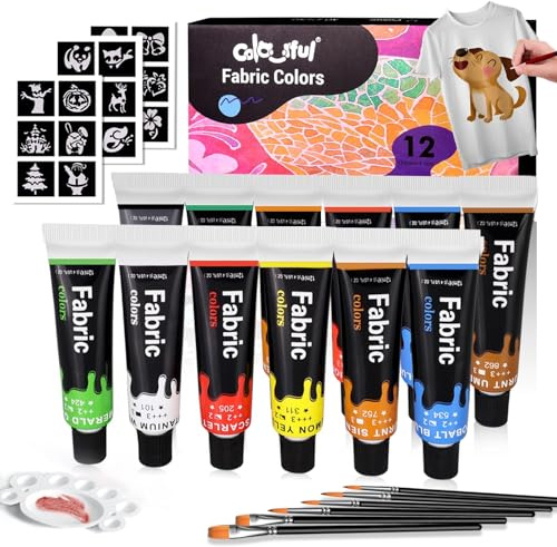 Colorful Fabric Paint Set for Clothes 12 Colors - Permanent Textile Paint Kit for Shoes, Canvas - Non-Toxic Slick Painting Set for Adults, Beginner & Artists