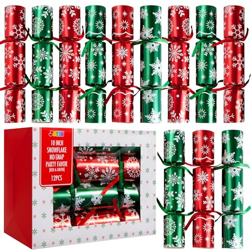 JOYIN 12 Stück Knallbonbons für Weihnachten(25,4 cm)mit rotem und grünem Schneeflocken-Design, mit Partyhut, Witz und kleinem Geschenk im Inneren, für Weihnachten, saisonale Feiertage, Abendessen