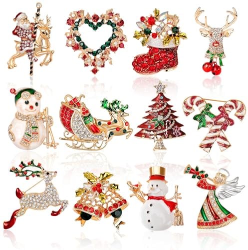DTOFOOT 12 Stück Weihnachten Broschen Pins Strass Kristall Revers Weihnachts Anstecknadeln Emaille Weihnachtsbrosche Weihnachtsbaum Kranz Abzeichen für Damen Schmuck Party Geschenk Deko