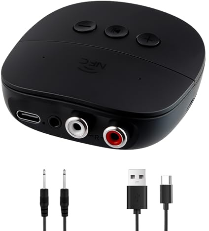 Bluetooth 5.2 Empfänger mit 3.5 mm AUX-Anschluss und Cinch-Eingang, Bluetooth 5.2 Audio Adapter für Stereoanlage Lautsprecher Verstärker Autoradio Kopfhörer, NFC-Verlängerung