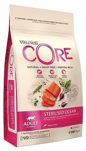 Wellness CORE Sterilised Ocean 4 kg, Lachs – Katzenfutter Trocken für sterilisierte Katzen, getreidefrei, natürlich, hypoallergen, proteinreich, unterstützt gesunde Haut und glänzendes Fell