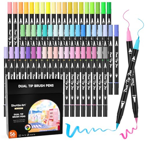 Shuttle Art Pastell-Pinselstifte, 56 Pastellfarben Doppelspitze Brush Pens | Pastell Marker mit Fineliner-Spitze, Filzstifte zum Zeichnen für Erwachsene, Malen, Skizzieren, Kalligraphie