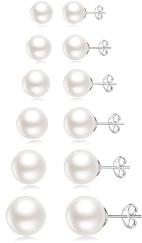 Senteria Perlenohrringe Stecker 6 Paar Sterling Silber Perlen Ohrstecker Set Hypoallergen Kleine Silber Ohrstecker Perlen-Ohrstecker für Damen Mädchen Herren 3/4/5/6/8/10MM