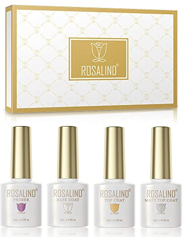 ROSALIND Base und Top Coat UV Nagellack Set Mit Matte Top Coat Primer | 4 Stück Unterlack und Überlack Primer Set für Nägel Salon & Home Nageldesign, Soak-Off UV LED Nageldesign Maniküre Set