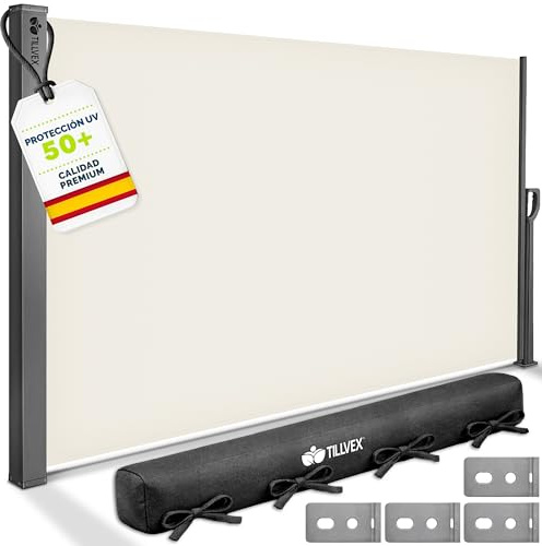 tillvex® Seitenmarkise 160 x 350 cm ausziehbar & Blickdicht mit Regencover | Sichtschutz Balkon, Garten & Terrasse | Seitenrollo mit Wandhalterung | Sonnenschutz Markise aus rostfreiem Stahl