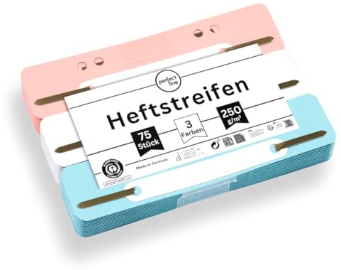 perfect line - 75 Heftstreifen Pappe, recycling Karton, 250 g/m², 3 Farben (Weiß, Rosa, Hellblau), Made in Germany, Heftlaschen Blauer Engel zertifiziert