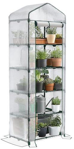VOUNOT® Gewächshaus Foliengewächshaus, 5 Etagen Treibhaus Gartenhäuschen für Balkon mit 5 Regalebenen, Tomatenhaus Tomatengewächshaus, Weiß 69x49x193cm