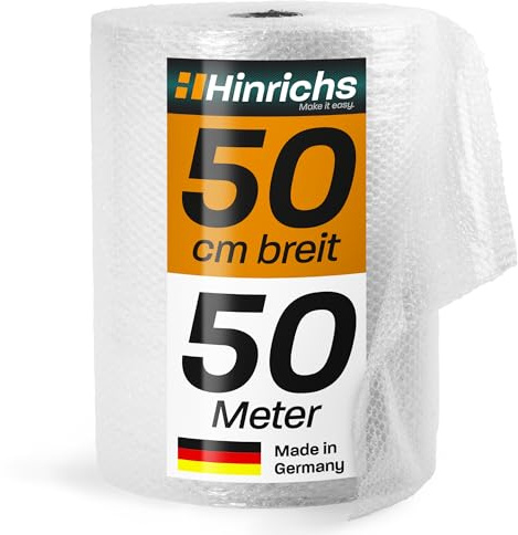 Hinrichs Luftpolsterfolie Rolle 50m x 50 cm - Ideal für Versand, Verpackung und Umzug - 100% recyclingfähig - Bubble Wrap als Verpackungsmaterial - Noppenfolie - Polstermaterial