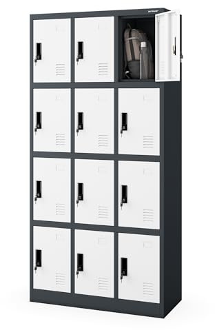 Jan Nowak Wertfachschrank 3B4A Fächerschrank Schließfachschrank mit 12 Fächern Metallspind Umkleideschrank Stahlblech Pulverbeschichtung Farbwahl 185 cm x 90 cm x 40 cm (H x B x T) (Anthrazit-Weiß)