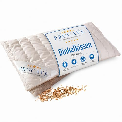 PROCAVE Dinkelkissen 40x80cm, Made in Germany, atmungsaktives Kissen mit Dinkel-Spelz, Körner-Kopf-Kissen mit waschbarem Bezug aus Baumwolle
