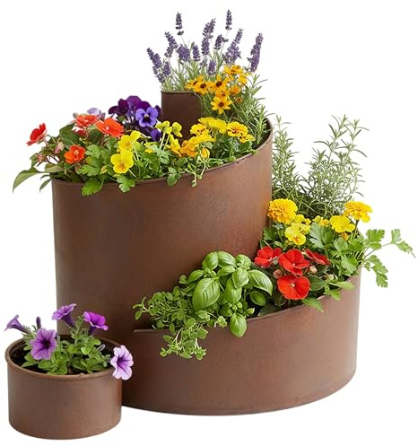 Spetebo Edelrost Eisen Kräuterspirale 3 Ebenen - 58 x 43 cm - Metall Kräuterschnecke Natur Rost 5 Kammern zum Bepflanzen - Garten Deko Kräuterbeet Blumenschnecke Pflanzentreppe Blumentopf Pflanztopf