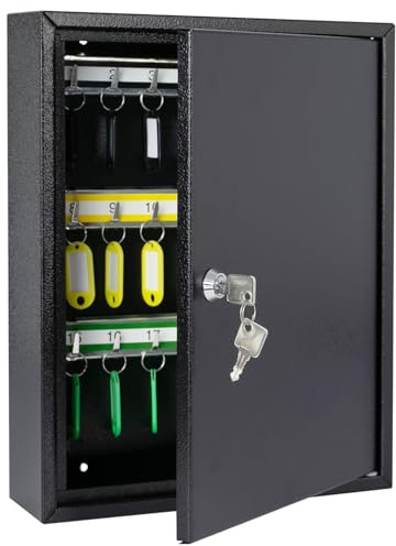 HMF Schlüsselschrank aus Stahl, abschließbarer Schlüsselkasten für Büro, Verwaltung oder Fuhrpark | 42 Schlüsselhaken | 35 x 27 x 8 cm | Schwarz