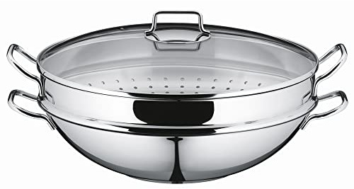 WMF Macao Wok Induktion 4-teilig, Wokpfanne 36 cm mit Glasdeckel, Ablagegitter, Dämpfereinsatz, Wokpfanne Induktion, Cromargan Edelstahl poliert, unbeschichtet