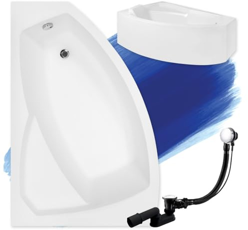BADLAND Badewanne Original Weiß Acryl Wanne Eckbadewanne RIMA 130x85 Links KOMPLETTSET SET mit Weiß Acrylschürze + Füßen und Exklusive Chrom Automatik Ablaufgarnitur Made in EU 4in1