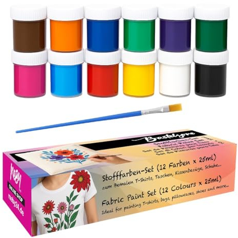 Stoffmalfarben Set – 10 Farben x 25 ml | Hochpigmentierte Textilfarben für Stoff & Baumwolle, waschmaschinenfest – Ideal für helle Textilien & T-Shirts