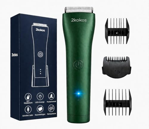 2kokos - Intimrasierer Herren mit Keramikklinge, bis zu 90 Minuten Akkulaufzeit, USB-C wiederaufladbar, Körperhaartrimmer für Brust, Beine, Achseln und Intimbereich