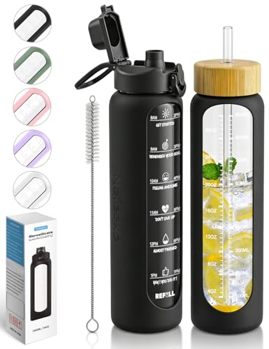 Nefeeko Glaswasserflaschen mit Strohhalm, Zeitmarkierung, motivierend, BPA-frei, auslaufsicher, wiederverwendbar, mit Silikonhülle, Bambus, Auslaufdeckel, 907 ml