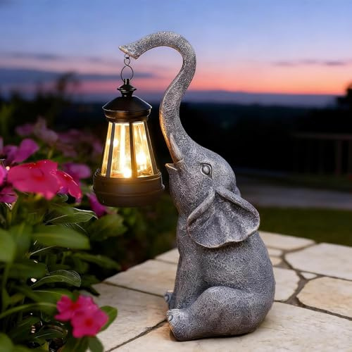 Yeomoo Elefanten Deko mit Solar Laterne Gartenfiguren - für Außen Gartendeko mit Wetterfest LED Solarlampe für Balkon Garten, Geschenke für Frauen Männer Mama Geburtstagsgeschenk Grau