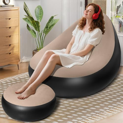 AearKing Aufblasbares Sofa mit Fußhocker, Aufblasbarer Sessel, Wasserdichtes Luftsofa Aufblasbares, Sessel, Sofa und Couch mit Beflockter Oberfläche für Wohnzimmer, Couch Aufblasbar Outdoor Camping
