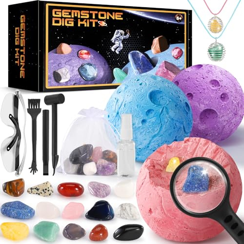 Perbabe Ausgrabungsset für Kinder, Halskette Herstellen mit Natürliche Edelsteine und Kristalle Fossilien Ausgrabungsset Kinder STEM Mineralogie Spielzeug Planeten Geschenk für ab 6 7 8 9 10+