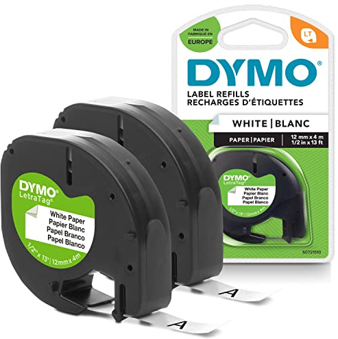 DYMO Original LetraTag Papier Etikettenband | schwarz auf weiß | 12 mm x 4 m | selbstklebendes Schriftband | für LetraTag-Beschriftungsgerät | 2 Etikettenkassetten