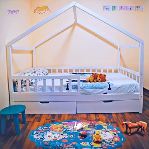 Kinder Hausbett 90x200 cm aus Massivholz Kiefer – Weiß – mit 2 Schubladen, Lattenrost & Rausfallschutz – Kinderbett im Haus-Design (ohne Matratze)