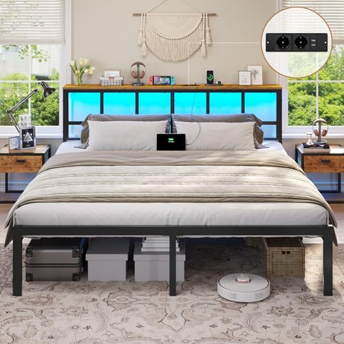 Brinlawb Bett 180x200 mit Lattenrost aus Metall, Bettgestell 180x200cm mit LED Beleuchtung, Ladestation (2 AC-Steckdosen,2 USB-Anschlüsse) Metallbett mit Kopfteil und Stauraum Doppelbett 180x200