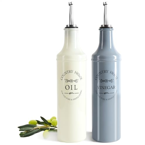 com-four® 4-teiliges Set für Öl & Essig - 2 Glasflaschen, 2 Edelstahl-Ausgießer mit Kläppchen & Belüftungsrohr - farbige Glasflaschen - Essig- & Ölspender Country-Landhausstil (04-teilig - Flaschen)