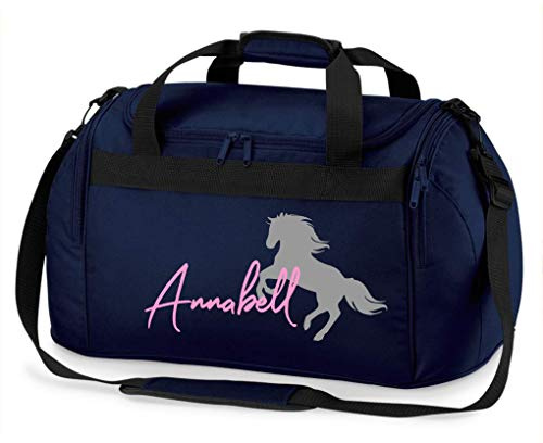 Reittasche mit Namensdruck personalisiert | Motiv aufsteigendes Pferd mit Name | Trage- und Sporttasche für Mädchen zum Reiten in vielen Farben verfügbar
