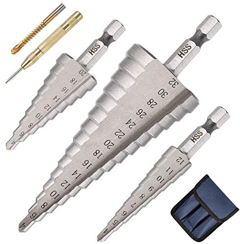 flintronic 3 Stück Stufenbohrer Metall, 4 – 12/20/32 mm, Stufenbohrer, Metall, Dreieck, konisch, Titan, HSS, Sechskantschaft für Stahl, Holz, Messing, Aluminium, PVC, Zentralbohrer und Torsionsbohrer