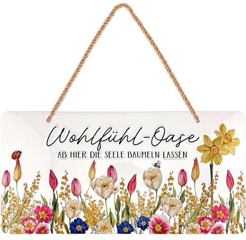 LANOLU Schild Lieblingsplatz Outdoor- Wohlfühl-Oase Schild Garten - Deko Garten Vintage Schilder, Metallschild mit Jutekordel 16x32cm