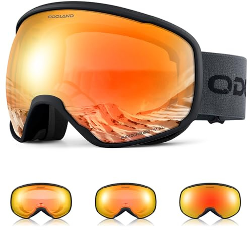 Odoland Skibrille Photochrome, Snowboardbrille für sonnige/bewölkte Tage | Selbsttönend, Anti-Beschlag, UV400 Schutz, Schneebrille geeignet für Herren und Damen und Jugendlich