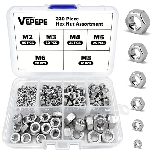 230 Stück Sechskantmuttern M2 M3 M4 M5 M6 M8 Sechskant Muttern Sortiment, Sicherungsmuttern Edelstahl, Hardware Mütter Sechskant Set mit Kunststoffbox für Möbel, Fahrzeugreparatur, Maschinenindustrie