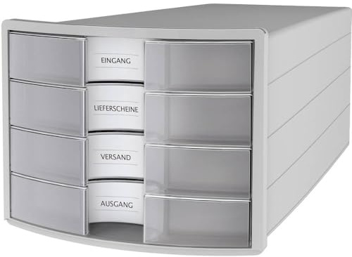 HAN Schubladenbox IMPULS 2.0 mit 4 geschlossenen Schubladen für DIN A4/C4 inkl. Beschriftungsschilder, Auszugsperre, möbelschonende Gummifüße, premium Qualität, 1012-63, lichtgrau/transluzent-klar