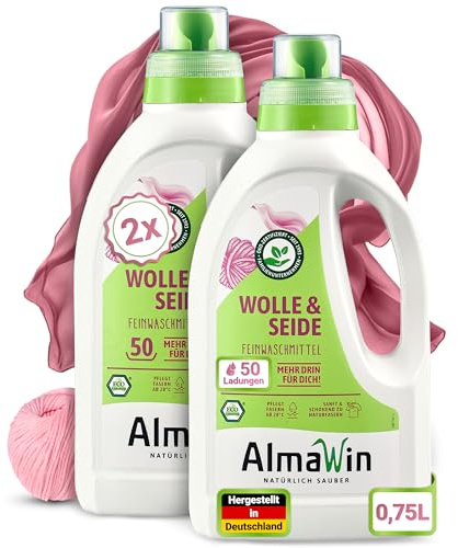 AlmaWin® Waschmittel Wolle & Seide [2x 750ml - 100 Ladungen] mit Lavendel-Duft für schonende Reinigung von Naturfasern - Seide- & Wollwaschmittel anwendbar von 20-40°C - Bio Feinwaschmittel flüssig