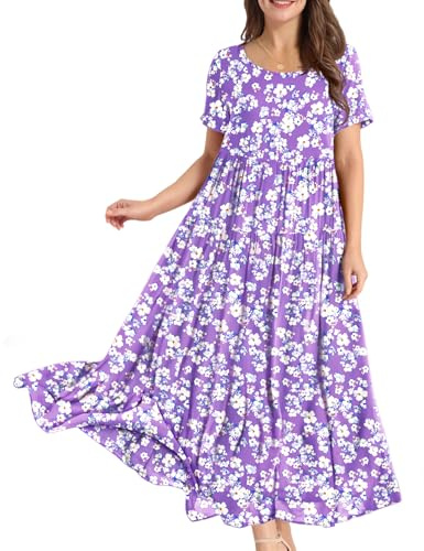 YESNO Damen Kurzarm Freizeit Sommer Boho Kleider mit Taschen EJFDE | Leichter atmungsaktiver Stoff; lockerer weiter Maxi-Sitz; vielseitiges Sommerkleid für Urlaub, Strand und Alltag